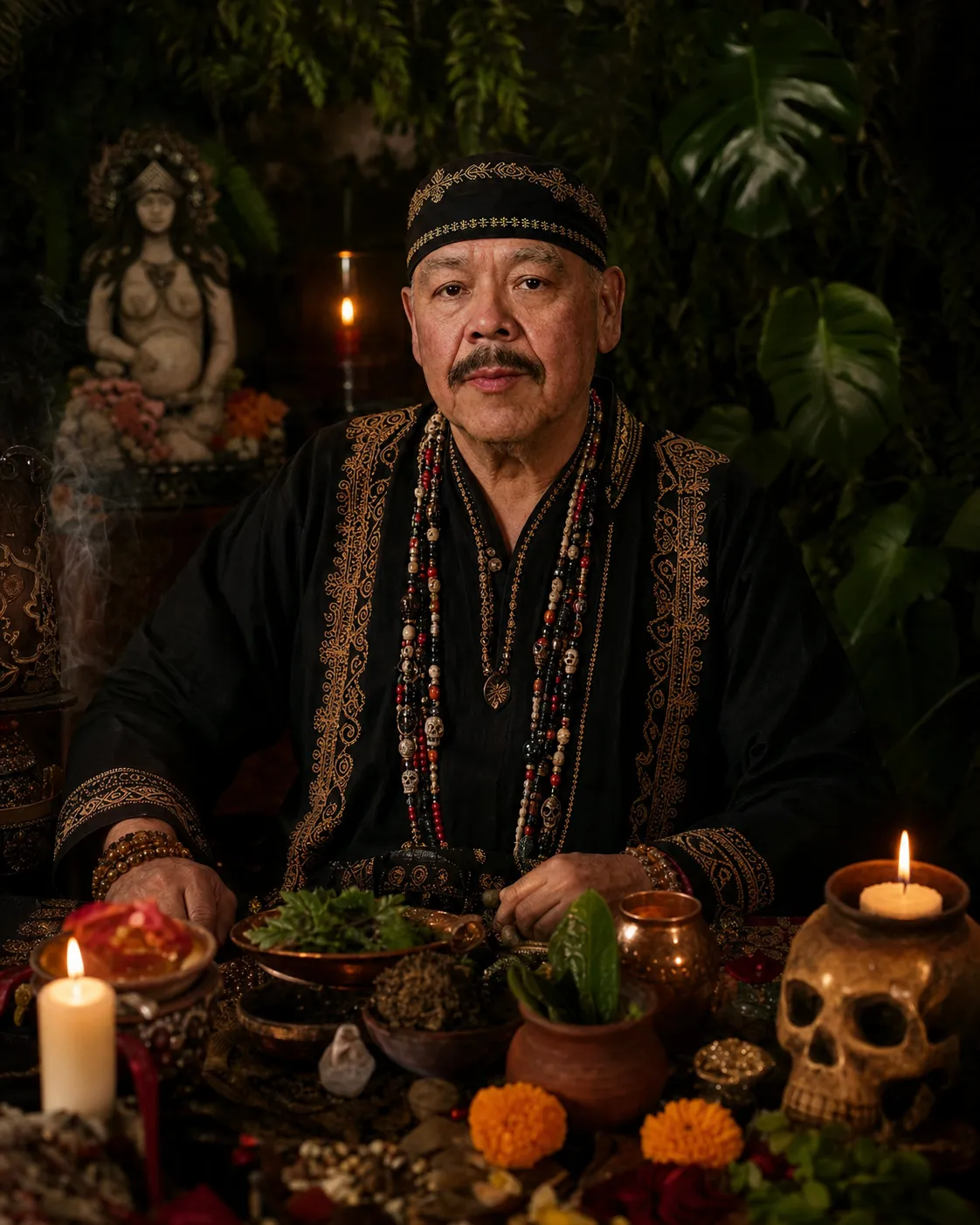Maestro Sebastián con indumentaria espiritual negra y dorada
